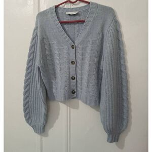 Something Navy Womens Small wool cashmere cable knit Baloon sleeve blue sweater